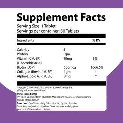 Collagen + Biotin Tablets – Hair, Skin & Nails Supplement with Vitamin C & ALA (30 Tablets)